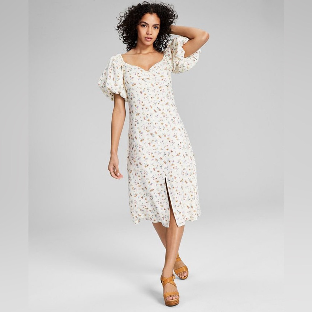 Cottage core Cream Floral-Print‎ Balloon-Sleeve A-Line Dress Large